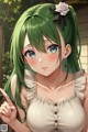 Anime girl with green hair and a flower in her hair.