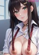 Anime girl with big tits wearing suspenders and a white shirt.