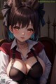 Anime girl with big tits sitting in a chair.