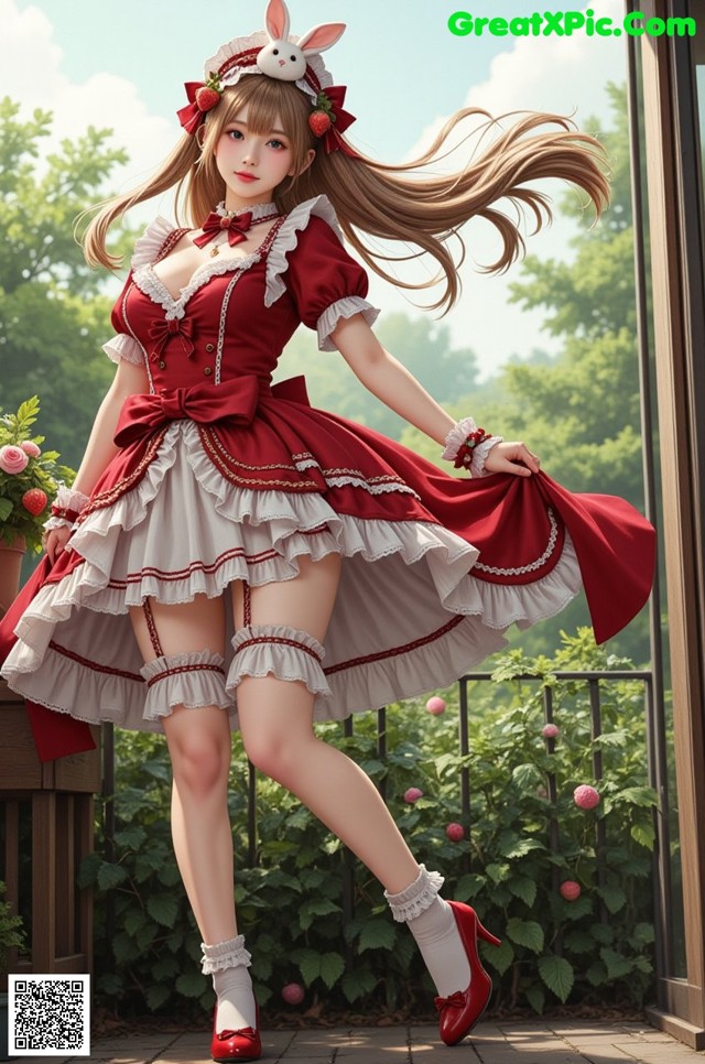 A woman in a red and white dress is posing for a picture.